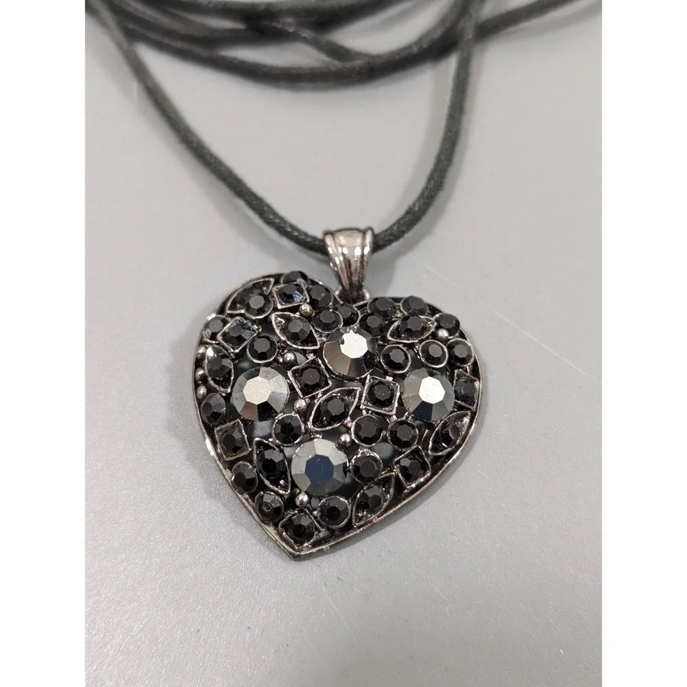 Black‎ Heart Pendant Necklace Gothic Rhinestone Multi Cord Y2K 17
